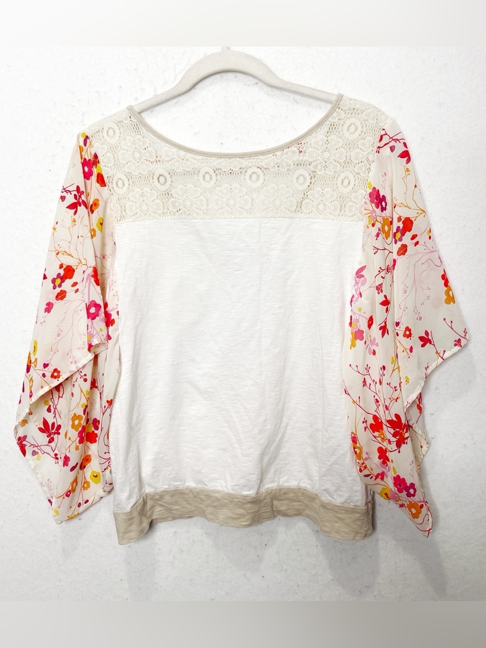Prana White Lorielle Floral Flutter Sleeve Dolman Top 100% Cotton Boho Flowy